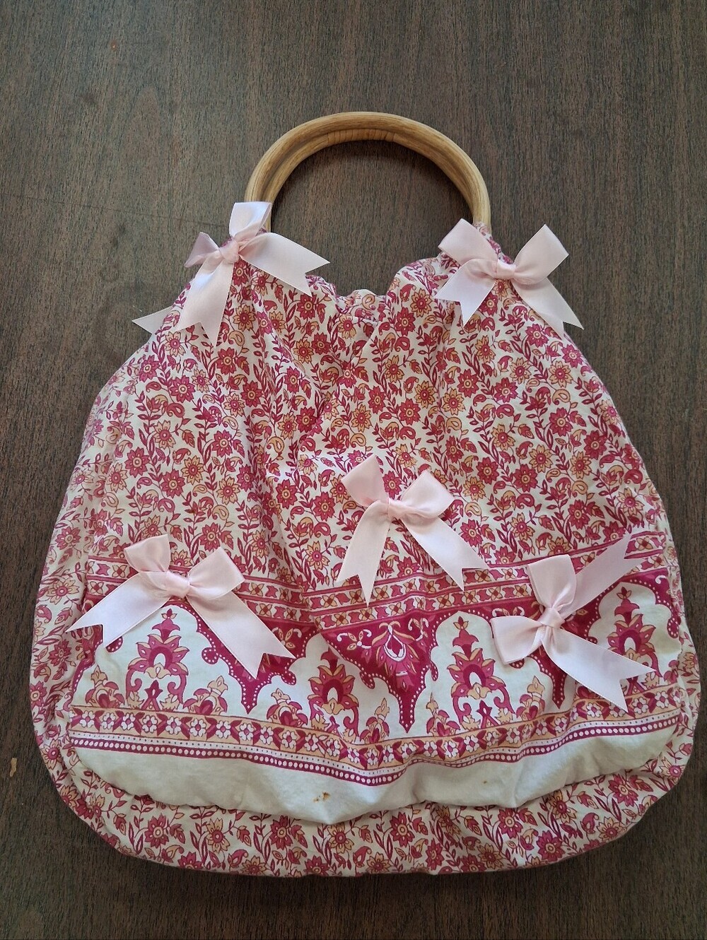 Kashmere Floral Tote Bag Pink White Cotton Wooden Handles Cottagecore Purse